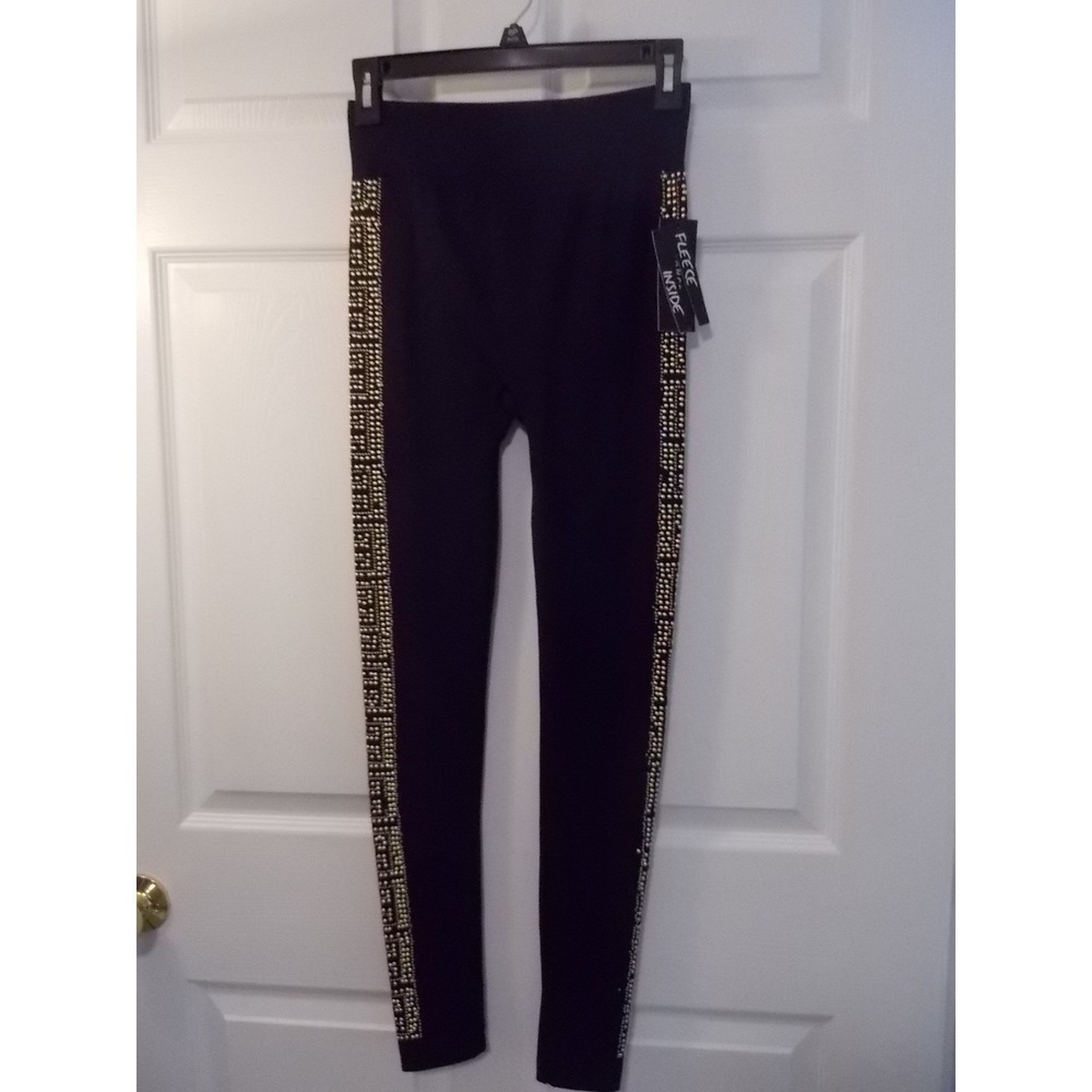 Chances R Womens Black Fleece Lined Seamless Leggings Studded Pearl Stripe Small